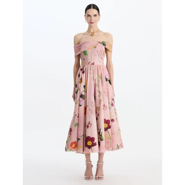 Oscar de la Renta Mixed Botanical Off-Shoulder Dress, view 5