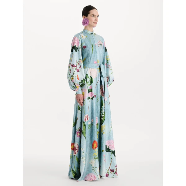 Oscar de la Renta Mixed Botanical Silk Twill Caftan, view 3