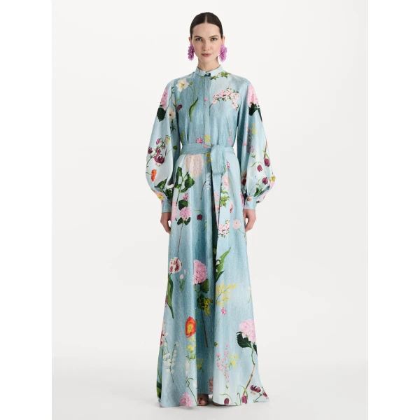 Oscar de la Renta Mixed Botanical Silk Twill Caftan, view 5