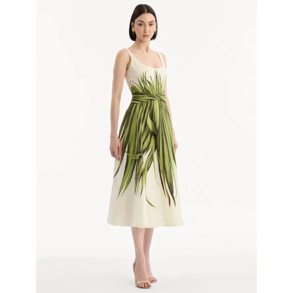Oscar de la Renta Palm Leaves Cotton Poplin Dress, view 3