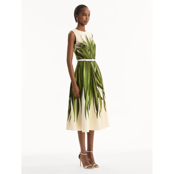 Oscar de la Renta Palm Leaves Wool-Blend Dress, view 3
