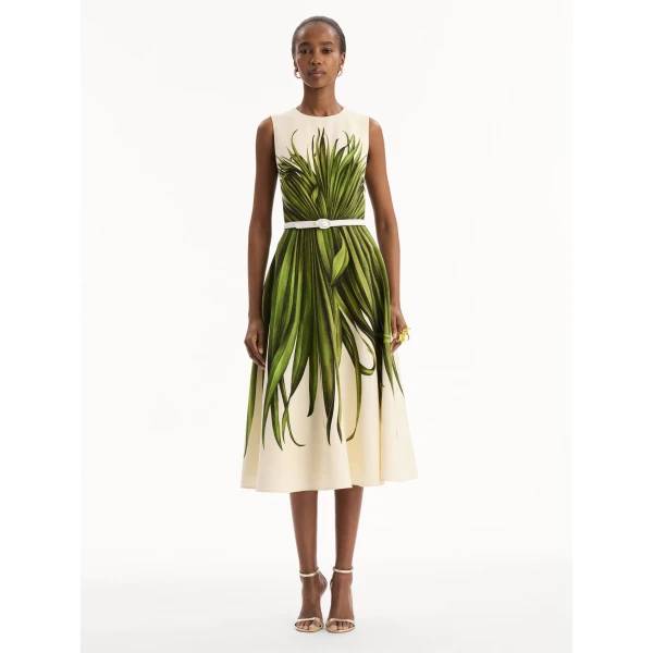 Oscar de la Renta Palm Leaves Wool-Blend Dress, view 5