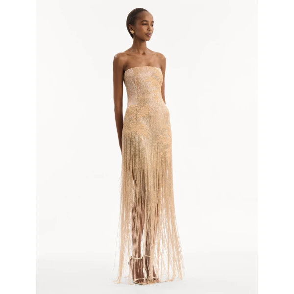 Oscar de la Renta Palm Tree Raffia Fringe Gown, view 3