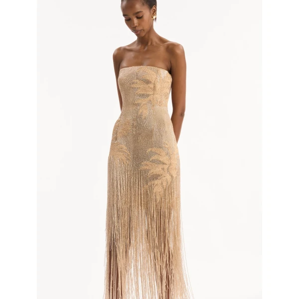Oscar de la Renta Palm Tree Raffia Fringe Gown, view 4