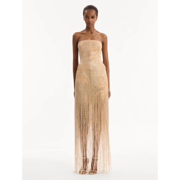 Oscar de la Renta Palm Tree Raffia Fringe Gown, view 5