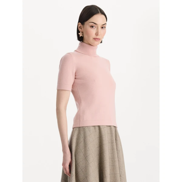 Oscar de la Renta Turtleneck Wool Short-Sleeve Pullover Knit, view 4