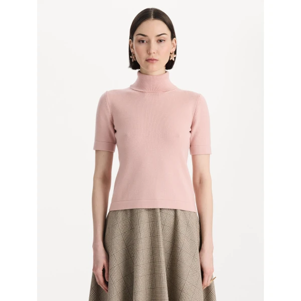 Oscar de la Renta Turtleneck Wool Short-Sleeve Pullover Knit, view 5