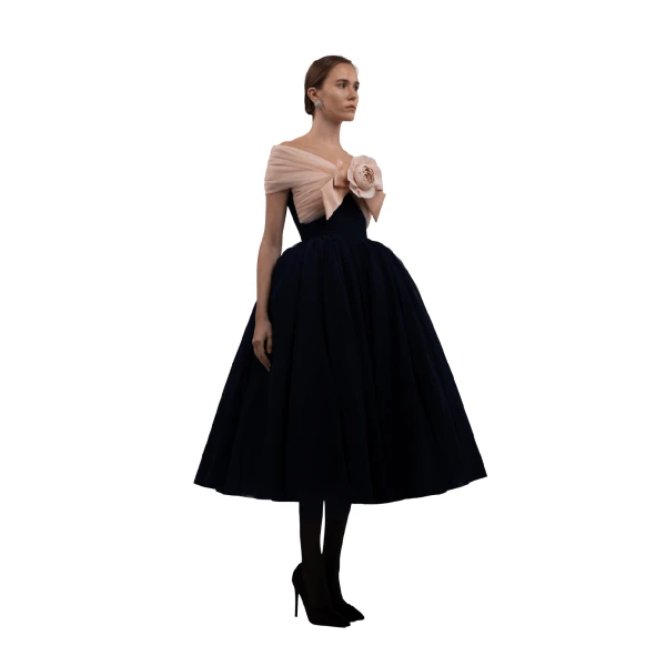 Richard Quinn Blush Camellia Bow Tulle Midi Dress, view 3