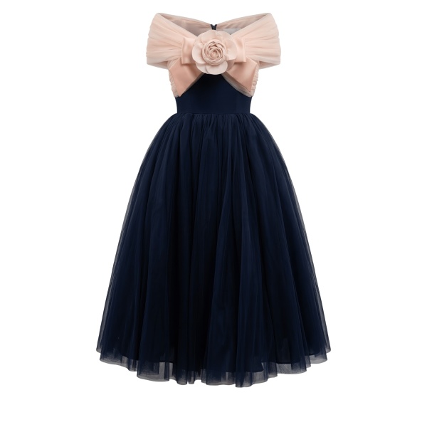 Richard Quinn Blush Camellia Bow Tulle Midi Dress