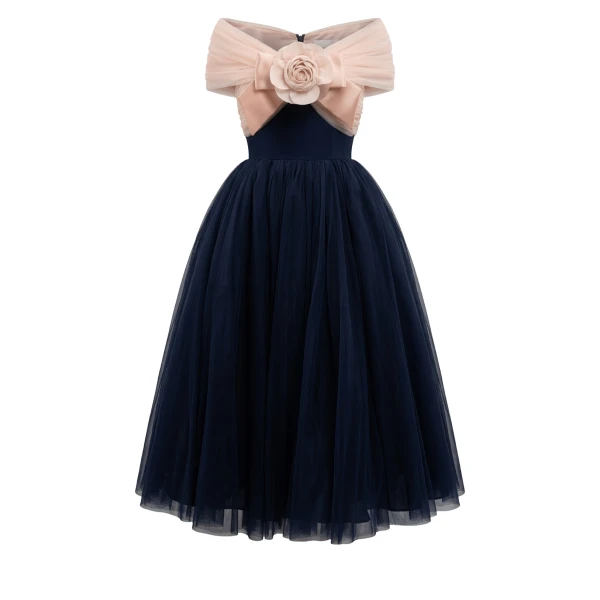 Richard Quinn Blush Camellia Bow Tulle Midi Dress