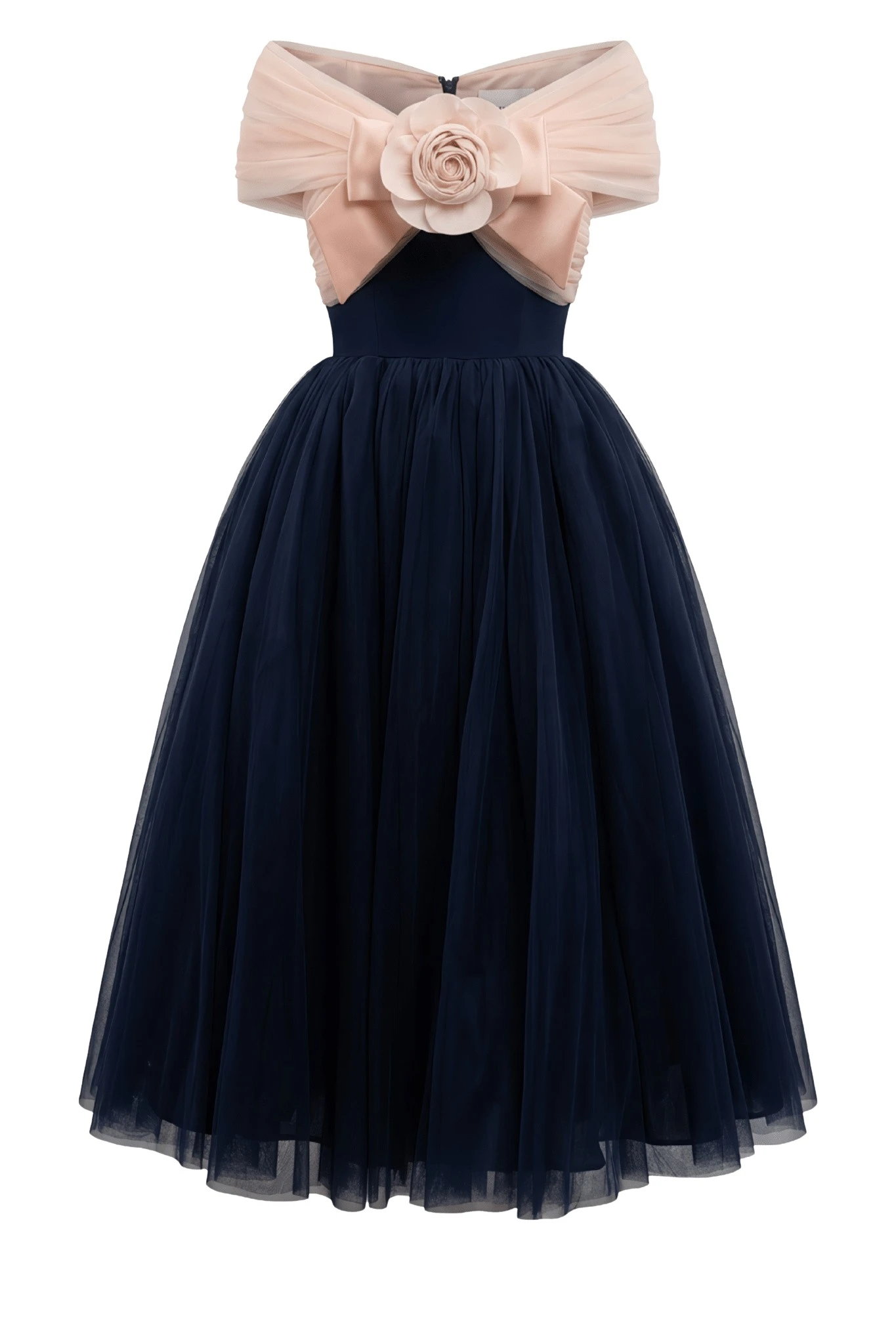 Richard Quinn Blush Camellia Bow Tulle Midi Dress