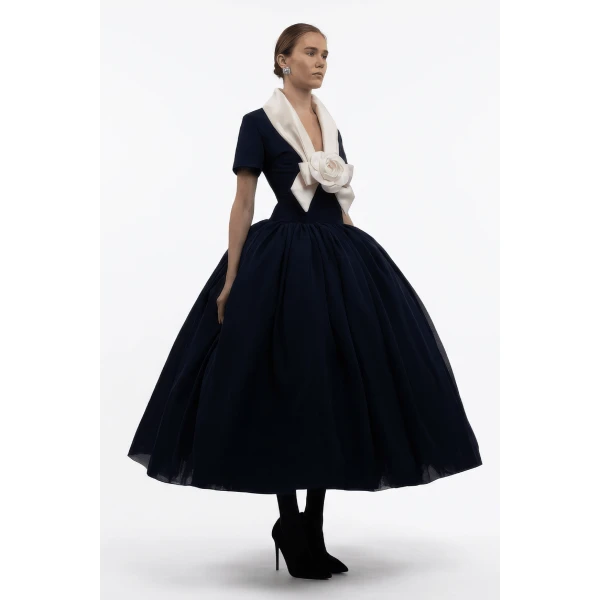 Richard Quinn Elsa Navy Silk Chiffon Gown, view 3