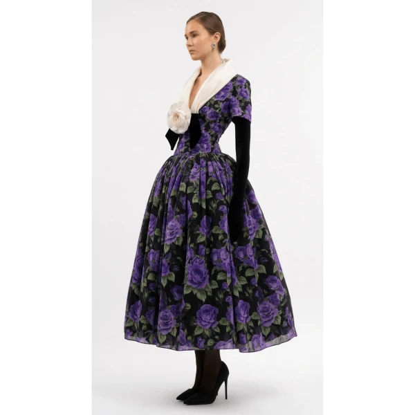 Richard Quinn Midnight Violet Rose Midi Dress, view 3