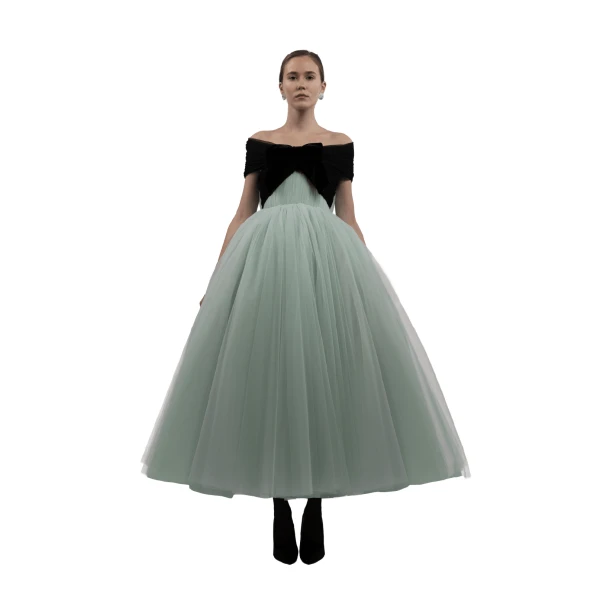 Richard Quinn Mint Tulle Midi Gown with Off-Shoulder Bow Bodice, view 2