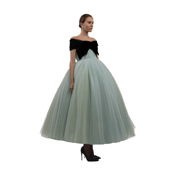 Richard Quinn Mint Tulle Midi Gown with Off-Shoulder Bow Bodice, view 3