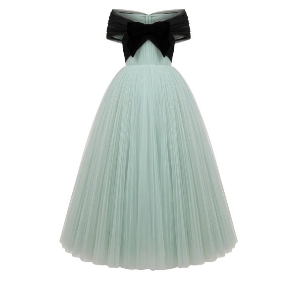 Richard Quinn Mint Tulle Midi Gown with Off-Shoulder Bow Bodice