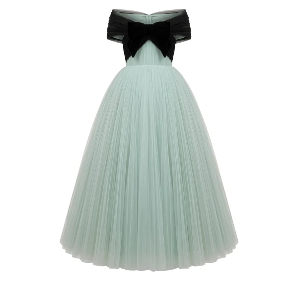 Richard Quinn Mint Tulle Midi Gown with Off-Shoulder Bow Bodice