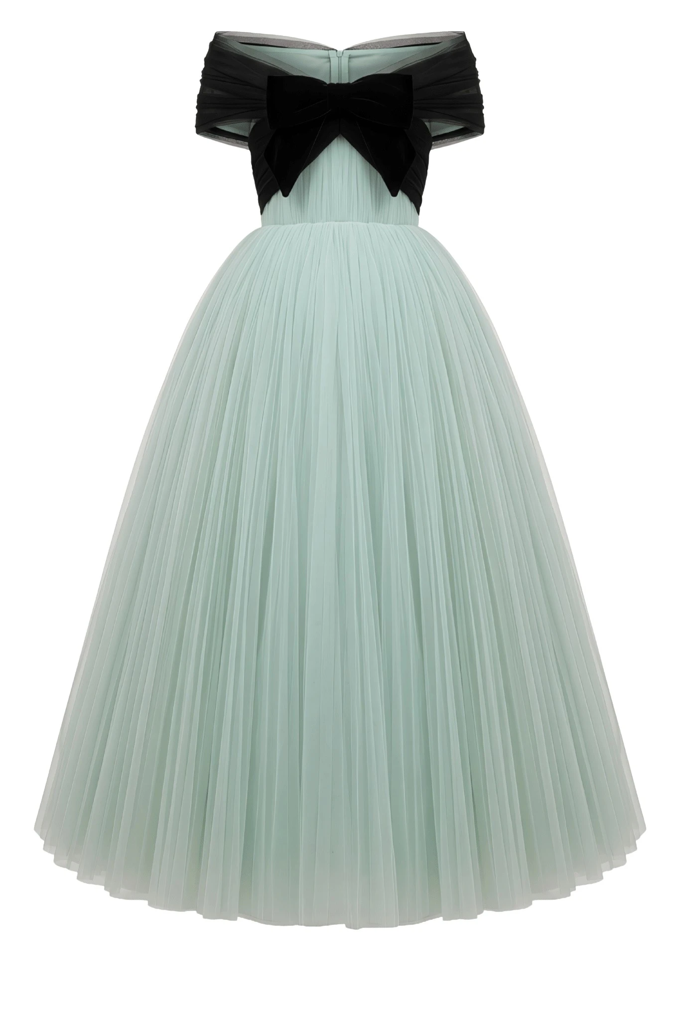 Richard Quinn Mint Tulle Midi Gown with Off-Shoulder Bow Bodice