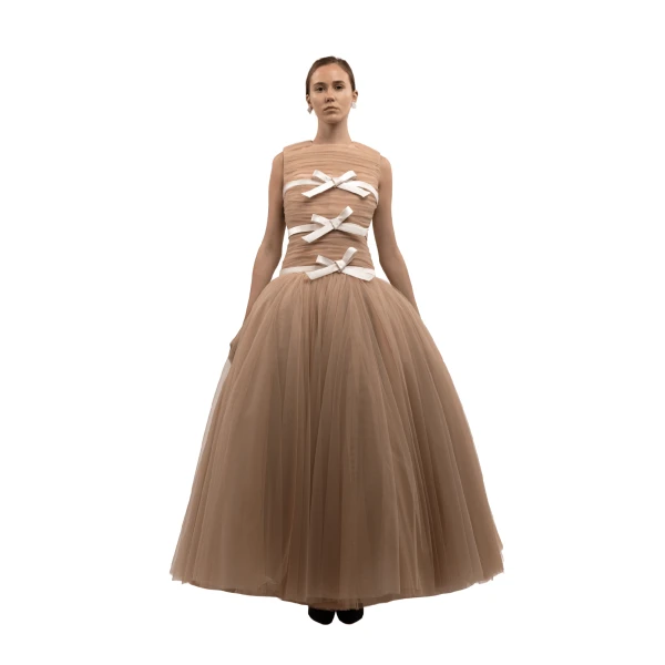 Richard Quinn Pleated Tulle Ball Gown with Satin Bow Embellishments in Caramel, view 2