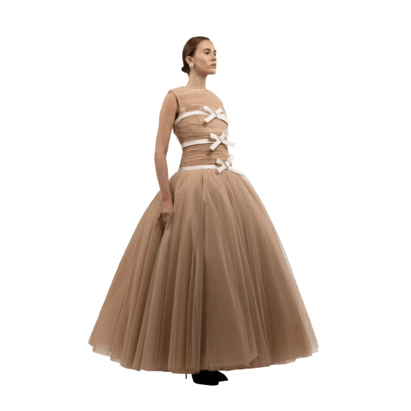 Richard Quinn Pleated Tulle Ball Gown with Satin Bow Embellishments in Caramel, view 3