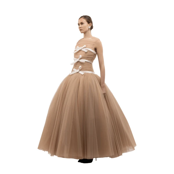 Richard Quinn Pleated Tulle Ball Gown with Satin Bow Embellishments in Caramel, view 4