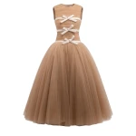 Richard Quinn Pleated Tulle Ball Gown with Satin Bow Embellishments in Caramel
