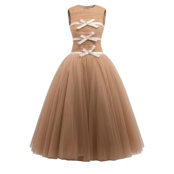 Richard Quinn Pleated Tulle Ball Gown with Satin Bow Embellishments in Caramel