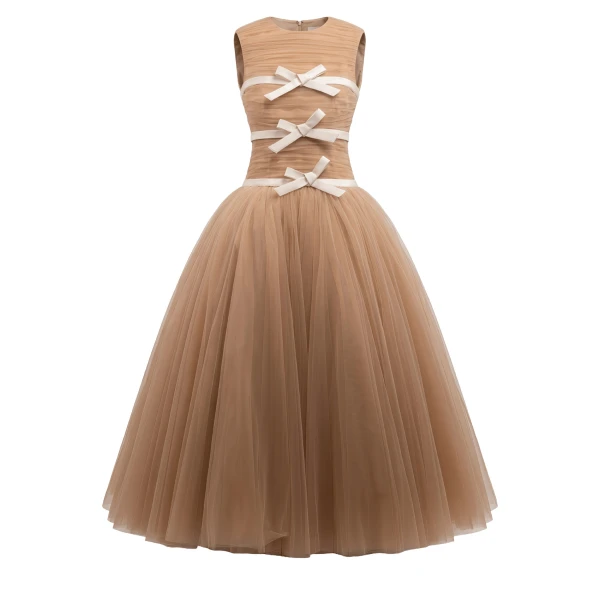 Richard Quinn Pleated Tulle Ball Gown with Satin Bow Embellishments in Caramel