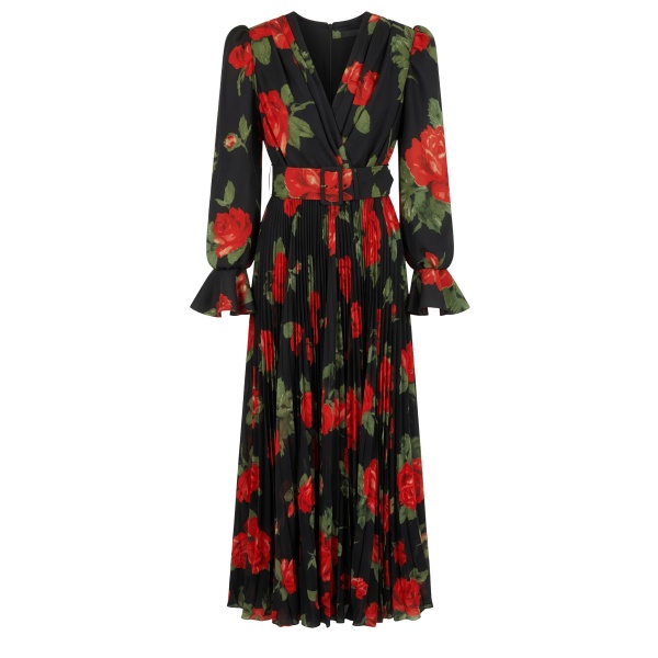 Richard Quinn Red Rose Print Chiffon Belted Dress