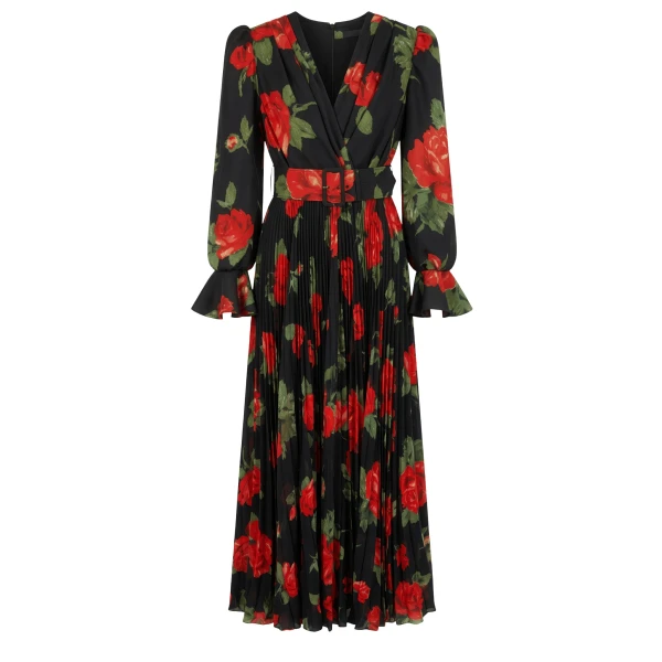 Richard Quinn Red Rose Print Chiffon Belted Dress