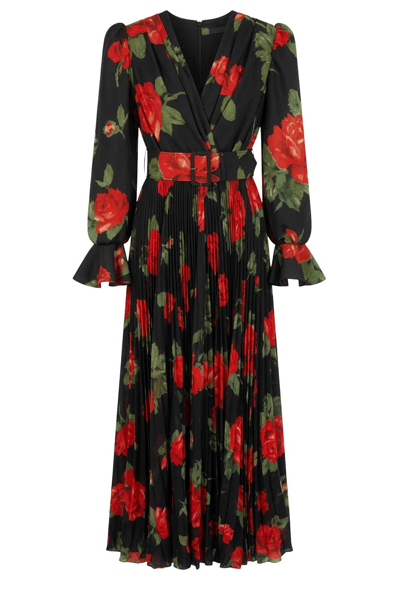 Richard Quinn Red Rose Print Chiffon Belted Dress