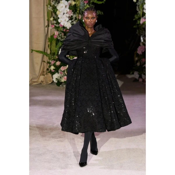 Richard Quinn Runway Embellished Black Cocktail Dress with Draped Taffeta Cape, view 2