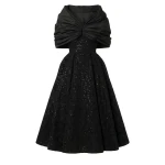 Richard Quinn Runway Embellished Black Cocktail Dress with Draped Taffeta Cape