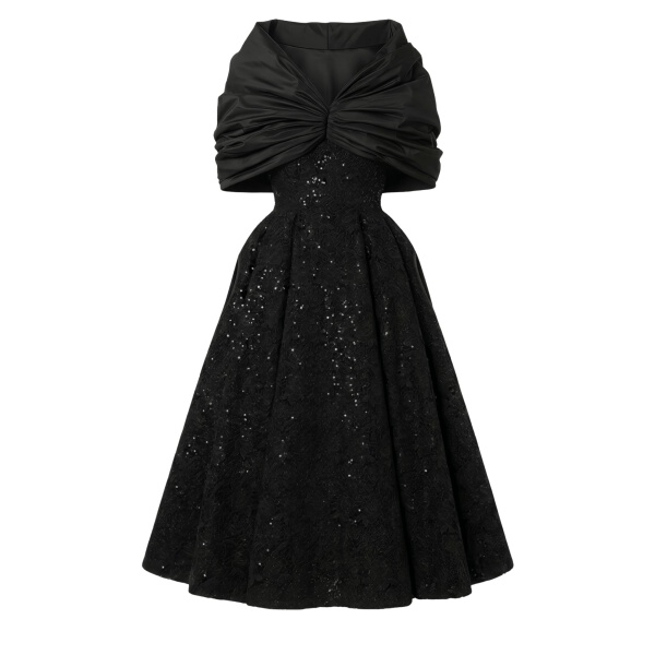 Richard Quinn Runway Embellished Black Cocktail Dress with Draped Taffeta Cape