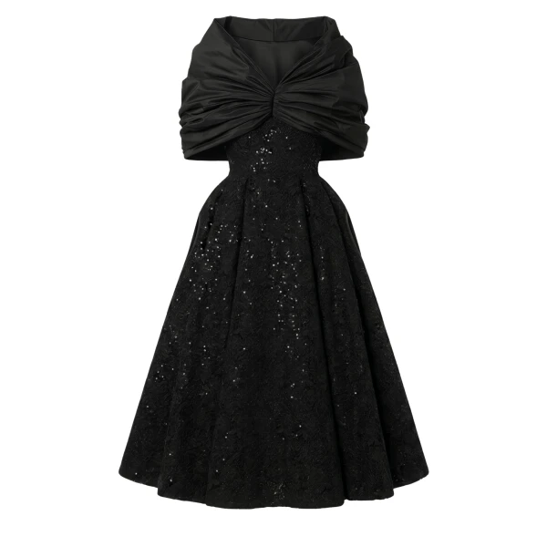 Richard Quinn Runway Embellished Black Cocktail Dress with Draped Taffeta Cape