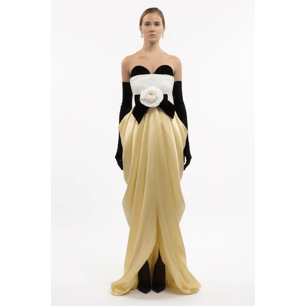 Richard Quinn Strapless Draped Silk Gown with Bow and Rose Detail, view 2