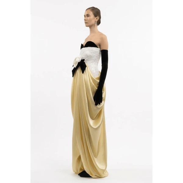 Richard Quinn Strapless Draped Silk Gown with Bow and Rose Detail, view 3