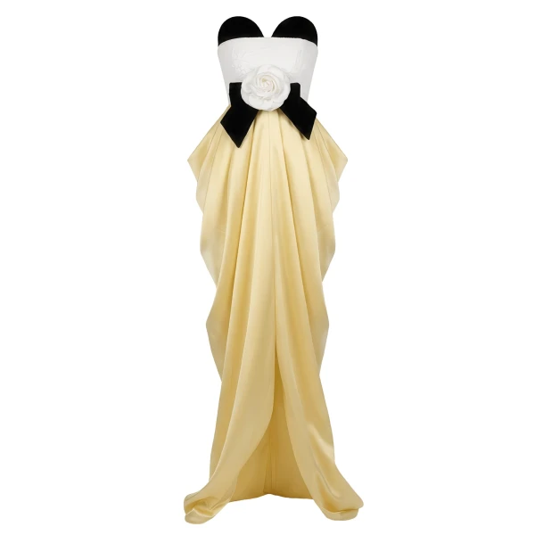 Richard Quinn Strapless Draped Silk Gown with Bow and Rose Detail