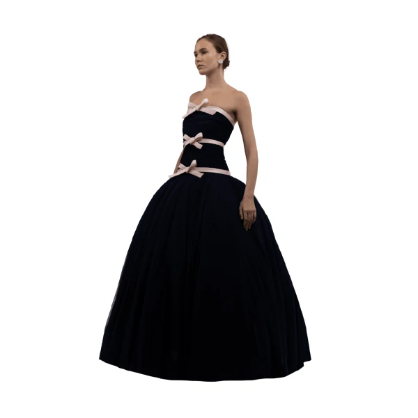 Richard Quinn Tulle Three-Bow Navy Ball Gown, view 3