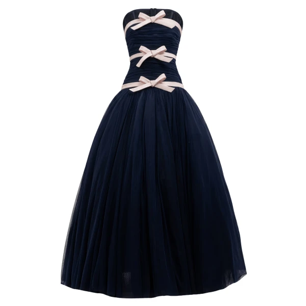 Richard Quinn Tulle Three-Bow Navy Ball Gown