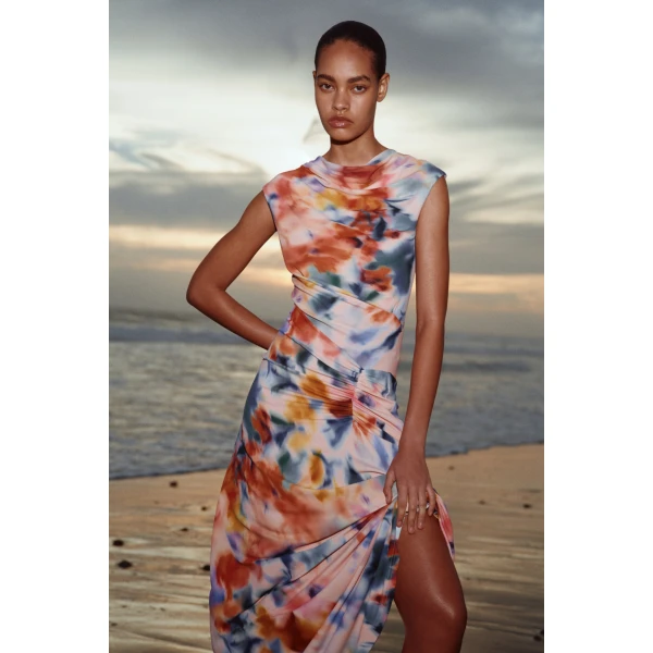 Simkhai Acacia Draped Jersey Midi Dress in Daisy Multi, view 2