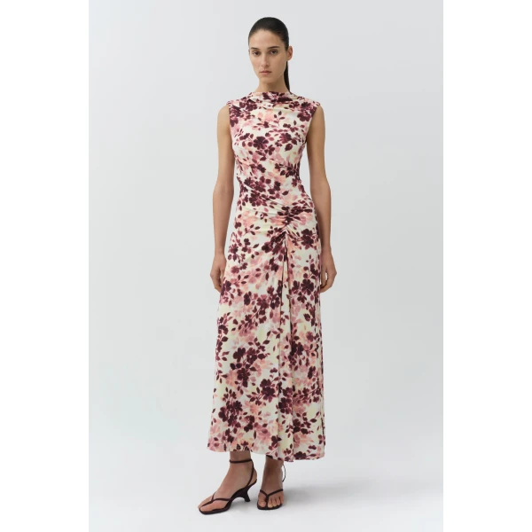 Simkhai Acacia Draped Jersey Midi Dress in Fig Multi, view 6