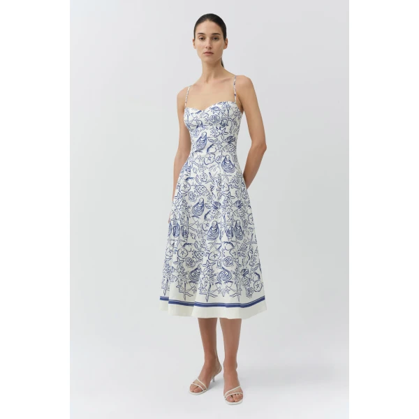 Simkhai Analise Linen Bustier Midi Dress in Blueberry Multi, view 6