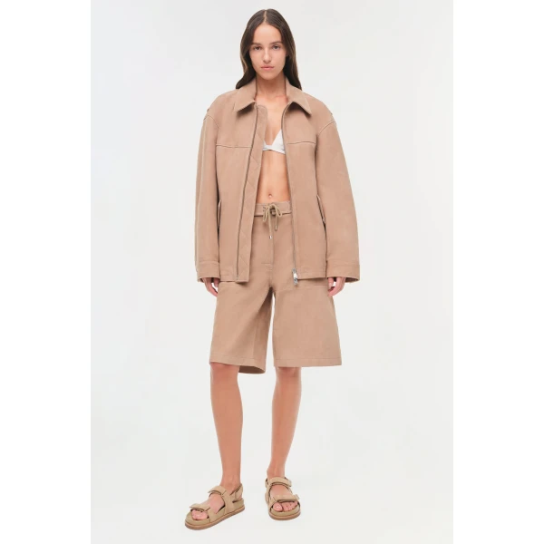 Simkhai Aslan Long Suede Jacket in Desert Sand, view 2