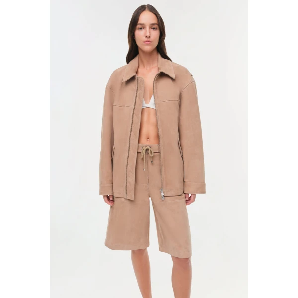 Simkhai Aslan Long Suede Jacket in Desert Sand, view 4