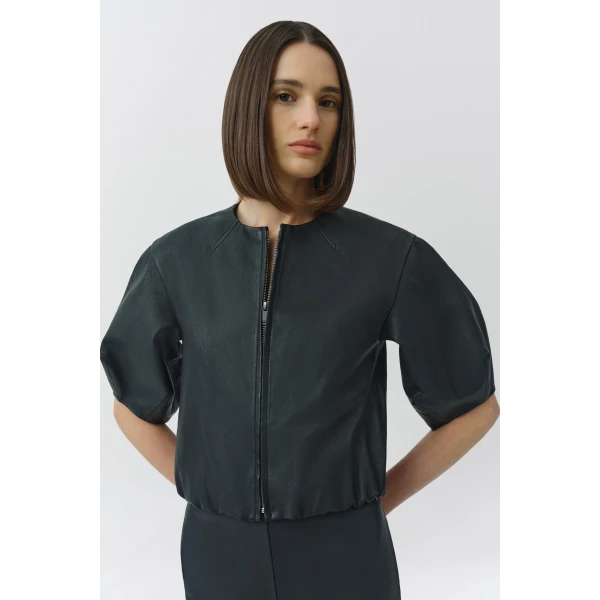 Simkhai Austyn Short Sleeve Leather Jacket in Black, view 2