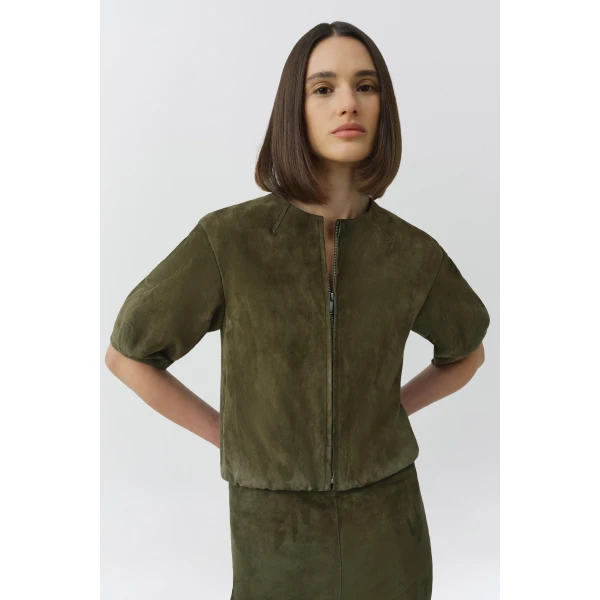 Simkhai Austyn Short Sleeve Suede Jacket in Sea Turtle, view 3