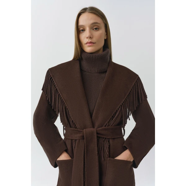 Simkhai Carrie Fringe Coat in Chocolate, view 3