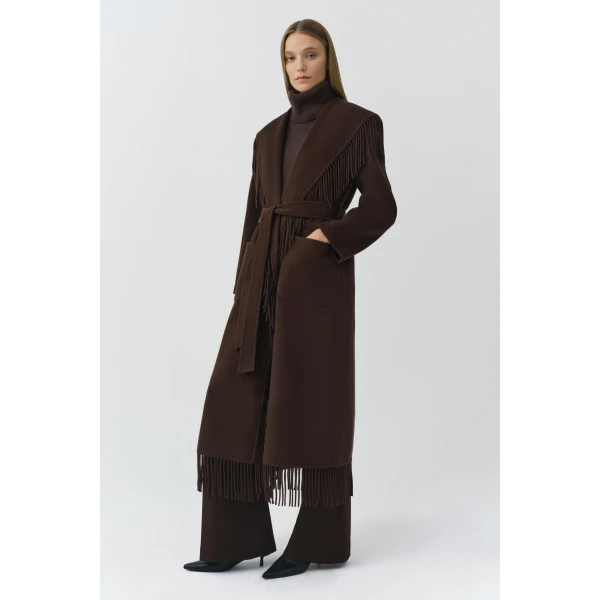 Simkhai Carrie Fringe Coat in Chocolate, view 4