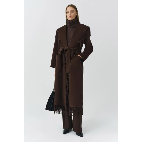 Simkhai Carrie Fringe Coat in Chocolate, view 6